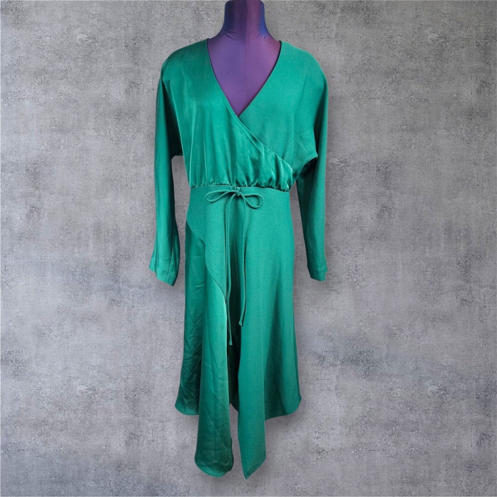 Cushine X Target Emerald Green Satin Midi Dress Long Sleeve Asymmetrical Hem 10